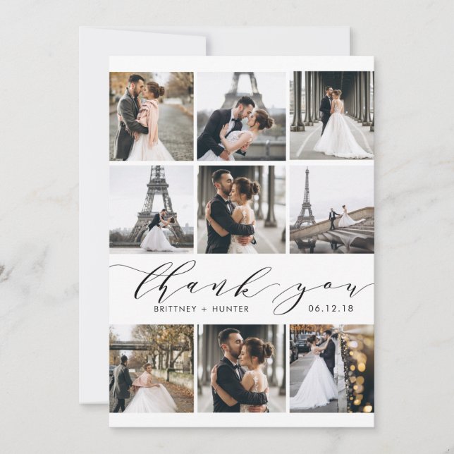 Modern White Calligraphy 9 Foto Collage Dankeskarte (Vorderseite)