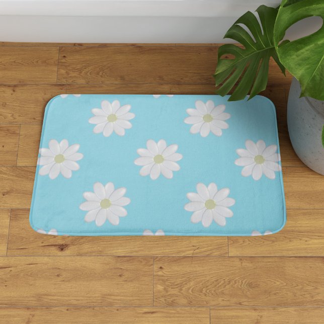 Modern White Daisy Muster Aqua Blue Bath Mat Badematte (A pretty daisy pattern aqua blue bath mat)