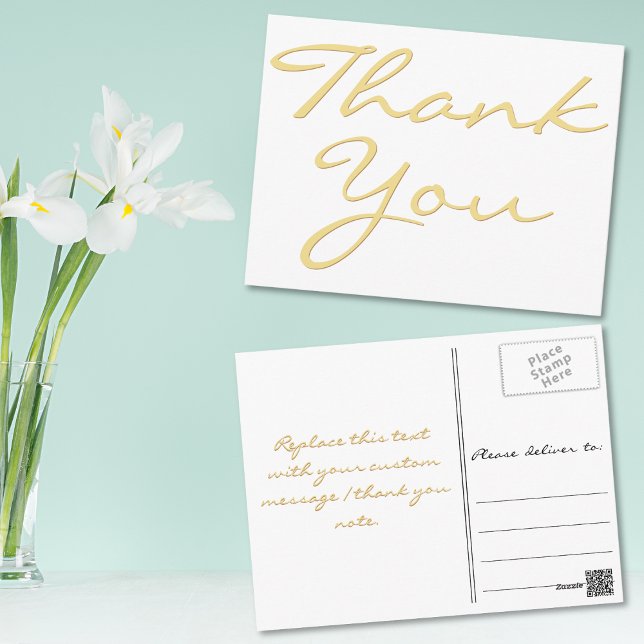 Modern White Elegante Imitate Gold Script Vielen D Postkarte (Modern White Elegant Faux Gold Script Thank You Postcard)