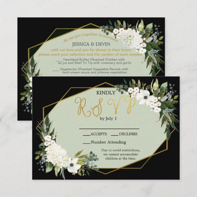 Modern White Floral Black & Gold Geometric RSVP Karte (Vorne/Hinten)