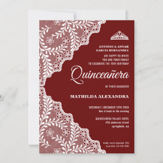 Modern White Floral Lace Burgundy Quinceanera Einladung