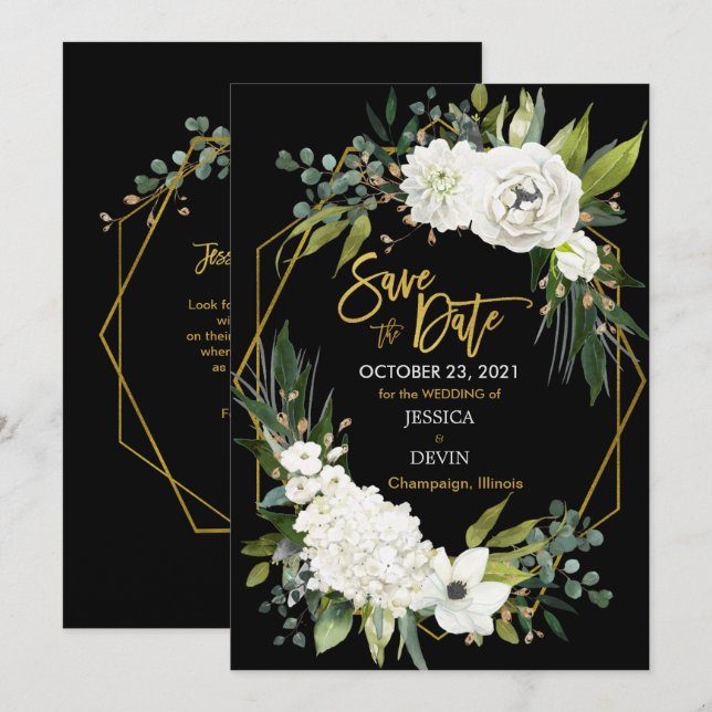 Modern White Floral Velvet Black Gold Geometric Save The Date (Vorne/Hinten)