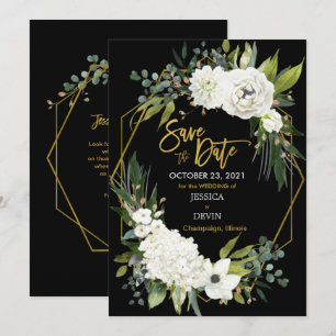 Modern White Floral Velvet Black Gold Geometric Save The Date