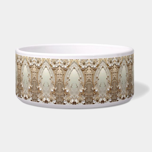 Modern White Flowers Pearls Ceramic Pet Bowl Napf (Vorderseite)