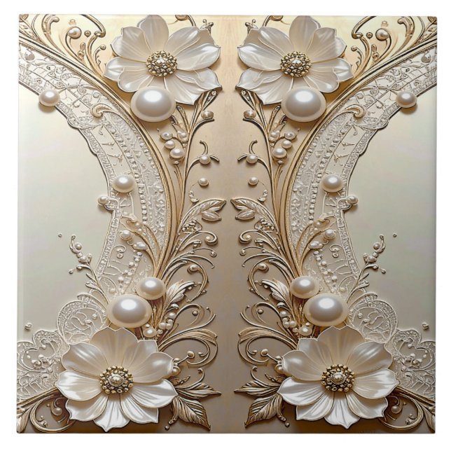 Modern White Flowers Pearls Ceramic Tile Fliese (Vorderseite)