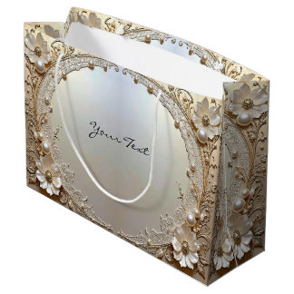 Modern White Flowers Pearls Gift Bag Große Geschenktüte