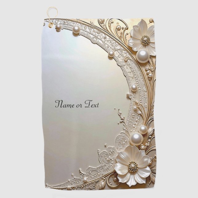 Modern White Flowers Pearls Golf Towel Golfhandtuch (Vorderseite)