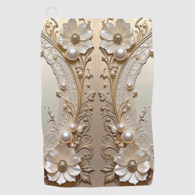 Modern White Flowers Pearls Golf Towel Golfhandtuch (Vorderseite)