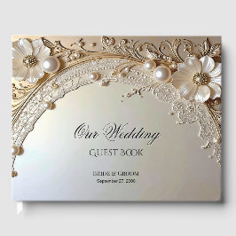 Modern White Flowers Pearls Guest Book Gästebuch