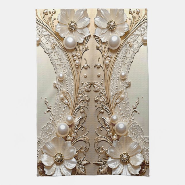 Modern White Flowers Pearls Kitchen Towel Geschirrtuch (Vertikal)