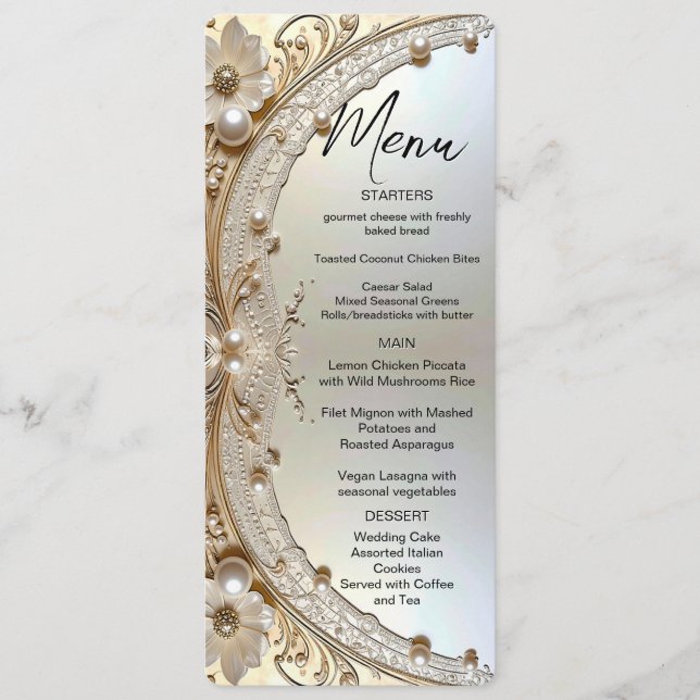 Modern White Flowers Pearls Menu (Devant)