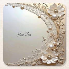 Modern White Flowers Pearls Paper Coaster Rechteckiger Pappuntersetzer