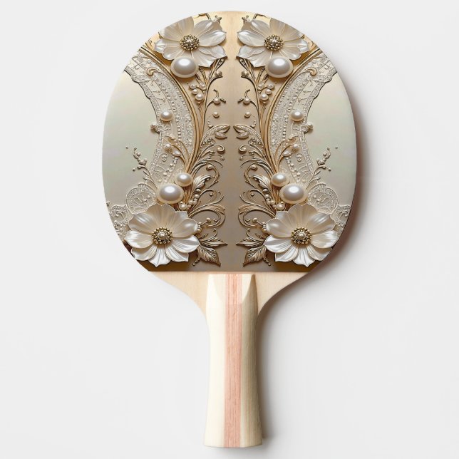 Modern White Flowers Pearls Ping Pong Paddle Tischtennis Schläger (Vorderseite)