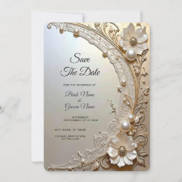 Modern White Flowers Pearls Save the Date