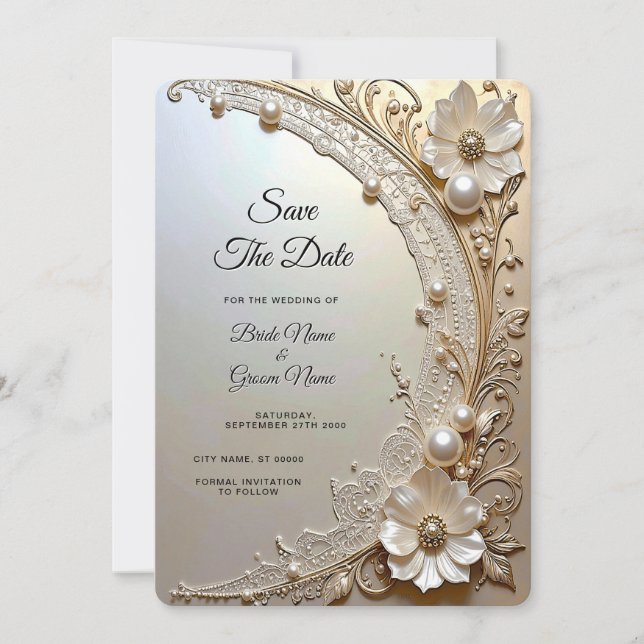 Modern White Flowers Pearls Save the Date (Vorderseite)