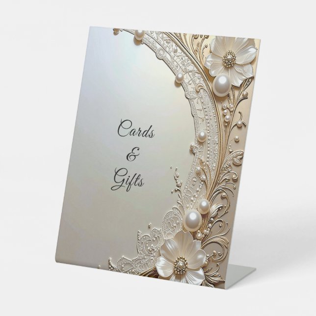 Modern White Flowers Pearls Tabletop Signs Sockelschild (Vorderseite)