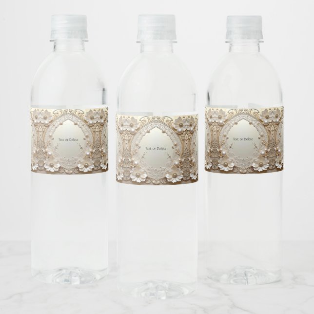 Modern White Flowers Pearls Water Bottle Label (Flaschen)