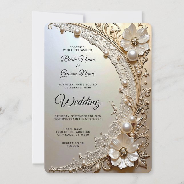 Modern White Flowers Pearls Wedding Invitation (Devant)