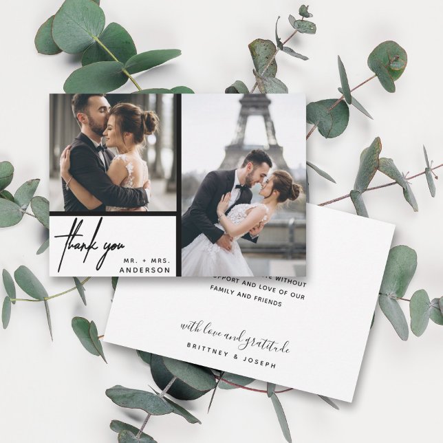 Modern White Foto Collage Wedding Vielen Dank (Two photo hand lettered thank you wedding card with a minimalistic design perfect for any couple.)