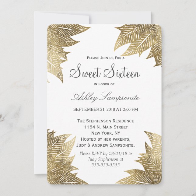 Modern White Gold Blätter Sweet 16 Einladung (Vorderseite)