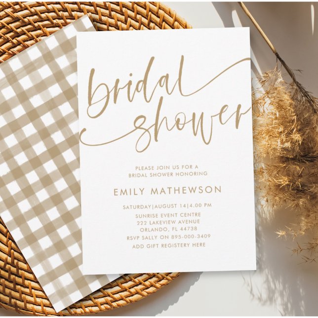 Modern White & Gold Calligraphy Bridal Shower Einladung (Von Creator hochgeladen)