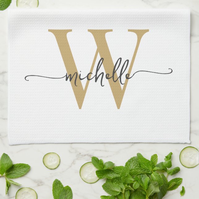 Modern White Gold Custom Monogram Name Script Geschirrtuch (Gefaltet)