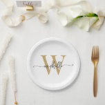 Modern White Gold Custom Monogram Name Script Pappteller<br><div class="desc">Girly Modern Simple Elegant White and Gold Monogram Initial Name Signature Script Custom Personalisiert Paper Teller. Dieses Design mit Ihrem Vornamen in einem hübschen handgeschriebenen Stil Swash Schwanz Schriftart Typografie (oder Kalligrafie) mit Monogramm Erstmaligkeit in Gold und Schwarz auf weißem Hintergrund. Diese sind einfach zu anpassen. Ideal für die Hauswärmung,...</div>