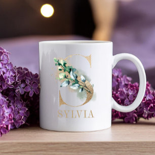 Modern White, Gold Monogram Floral S Kaffeetasse