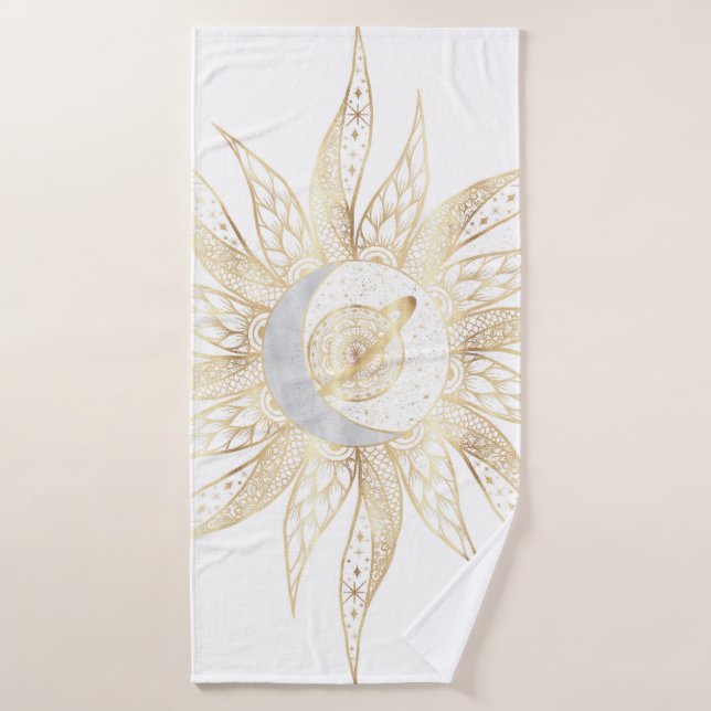 Modern White Gold Sun Moon Planet Universe Mandala Badhandtuch Set (Badehandtuch)