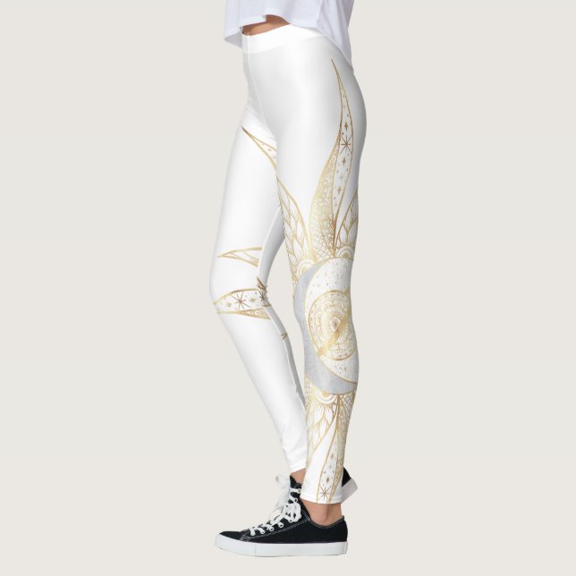 Modern White Gold Sun Moon Planet Universe Mandala Leggings (Links)