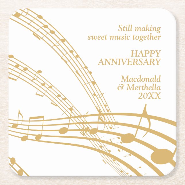Modern White Gold SWEET MUSIC Happy Jubiläum Rechteckiger Pappuntersetzer (Vorderseite)