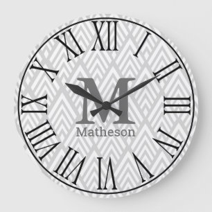 Modern White & Gray Art Deco römische Zahlen Name Große Wanduhr