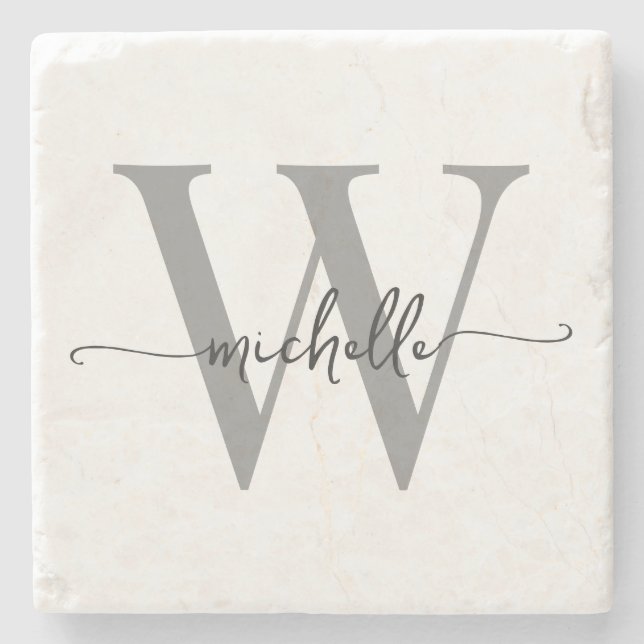 Modern White Gray Custom Monogram Name Script Steinuntersetzer (Vorderseite)
