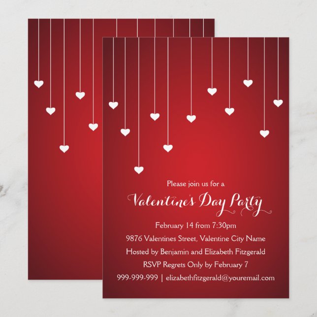 Modern White Hearts on Red Valentines Party Einladung (Vorne/Hinten)