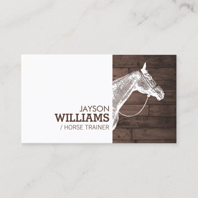 Modern White Horse Motif auf Rustic Brown Woodgrai Visitenkarte (Vorderseite)