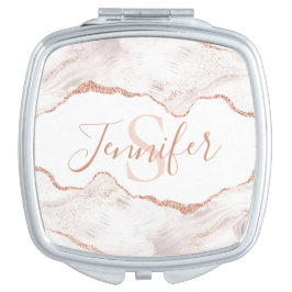 Modern White I Rose Gold Glitter Agate Monogram Taschenspiegel