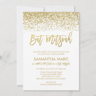 Modern White Imitats Gold Glitzer Bat Mitzvah Einladung