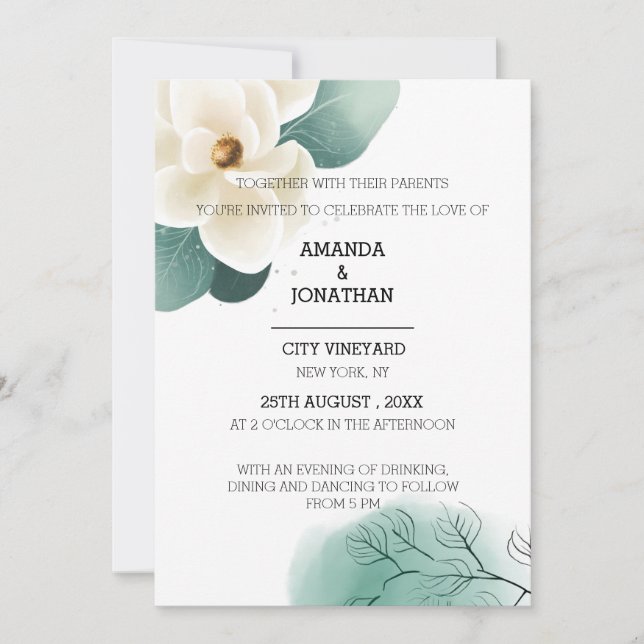 Modern White Magnolia Wedding Card Einladung (Vorderseite)