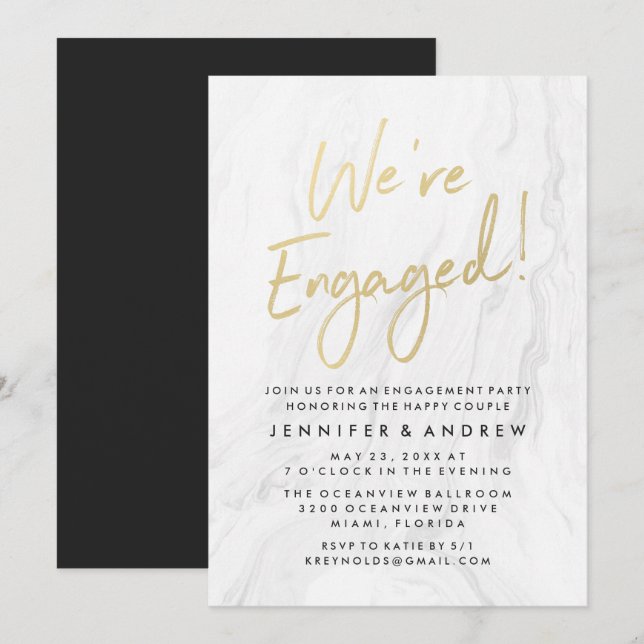 Modern White Marble Gold Script | Engagement Einladung (Vorne/Hinten)