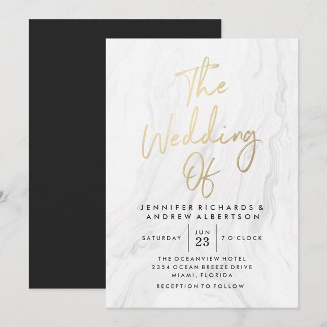 Modern White Marble Gold Script | Hochzeit Einladung (Vorne/Hinten)