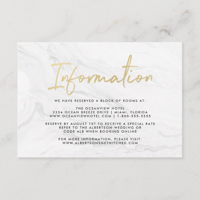 Modern White Marble Gold Script | Informationskart Begleitkarte (Vorderseite)