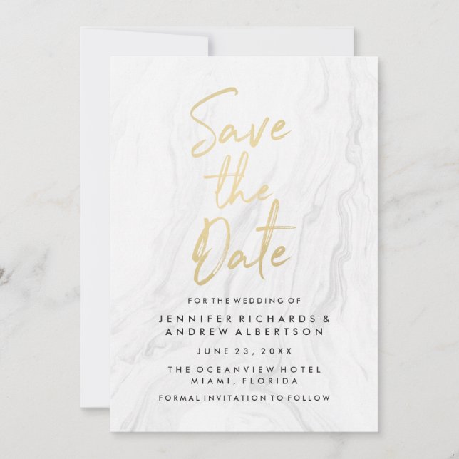 Modern White Marble Gold Script | SAVE THE DATE (Vorderseite)