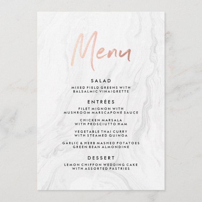 Modern White Marble Rose Gold Script Wedding Menu Menükarte (Vorderseite)