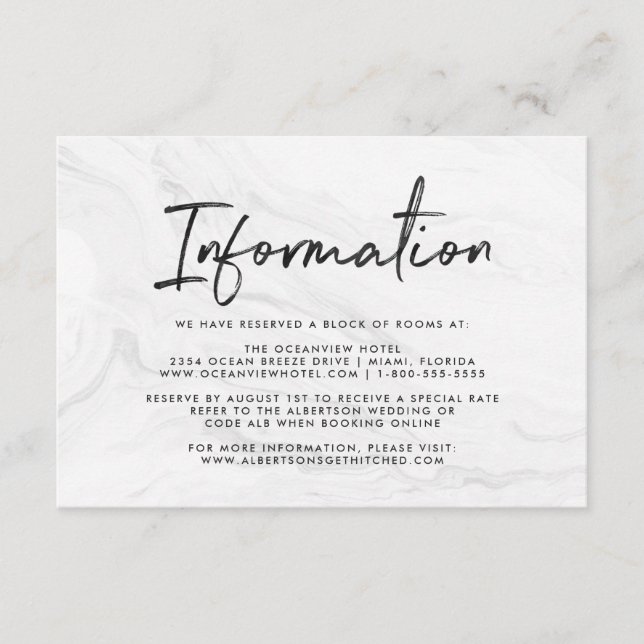 Modern White Marble Script | Hochzeitsinformatione Begleitkarte (Vorderseite)