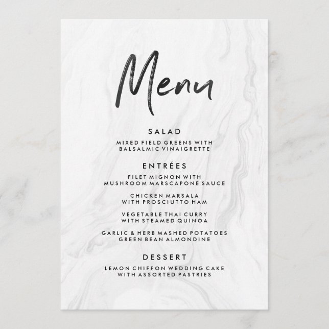 Modern White Marble Script | Hochzeitsmenü Menükarte (Vorderseite)