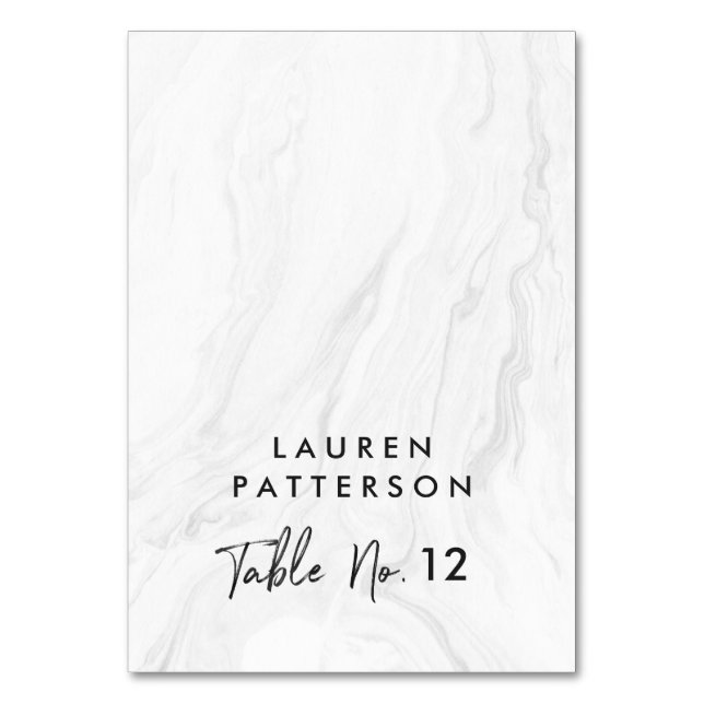 Modern White Marble Script | Hochzeitsort Tischnummer (Vorderseite)