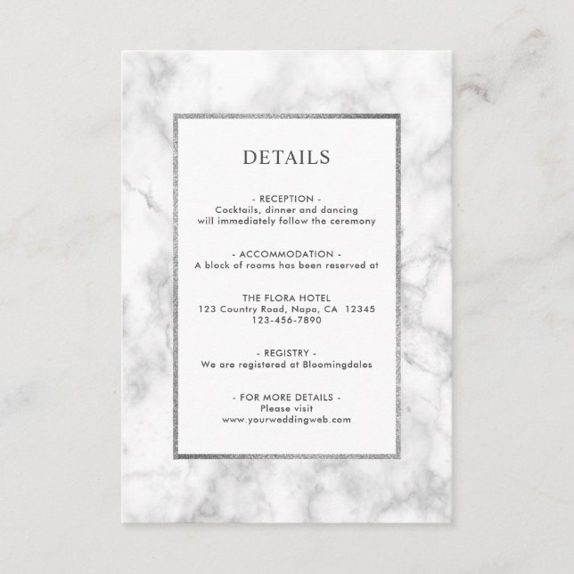 Modern White Marble Wedding Details Umschließkarte Begleitkarte (Vorderseite)