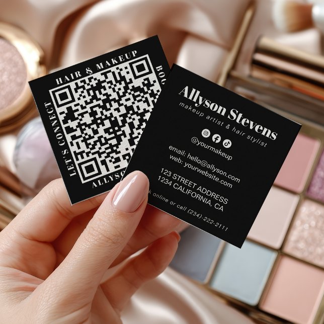Modern White on Black Bold QR Code Hair & Makeup Quadratische Visitenkarte (Modern White on Black Bold QR Code Hair & Makeup Square Business Card)