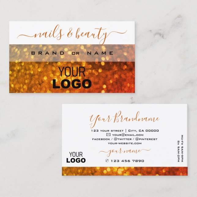 Modern White Orange Gold Sparkle Glitzer mit Logo Visitenkarte (Vorne/Hinten)