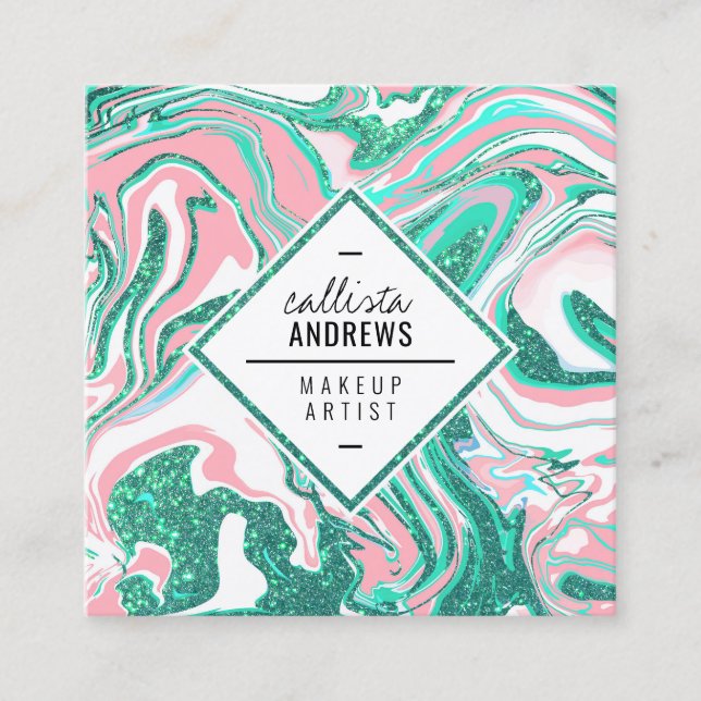 Modern White Pink Aquamarin Green Glitzer Marmor M Quadratische Visitenkarte (Vorderseite)